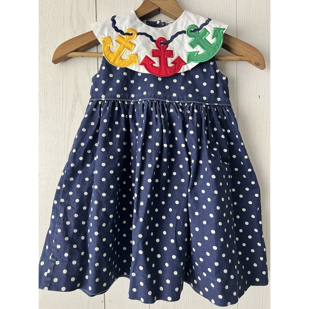 Vintage Austin & Ashley Indigo Polka Dot Dress Nautical Blue Girls USA Anchors 4